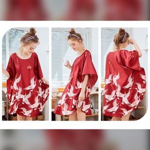 🌸 Red Bird Print Kimono Sleepwear